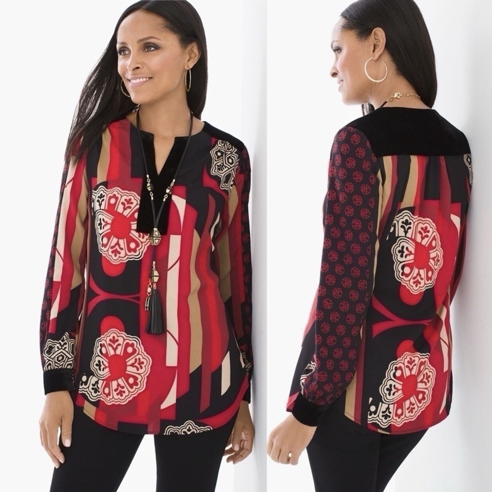 NEW‎ Chico's Modern Medallions Peasant Top 1 Size M Red Black Velvet Trim Asian